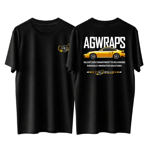 AGWraps Black T-Shirt with front crest and yellow automotive back graphic