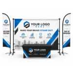 Trade show booth kit with a branded backdrop, two feather flags and a fitted table cover printed with your logo