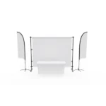 Blank 10 ft trade show booth kit showing the backdrop stand, two feather flags and table cover before printing
