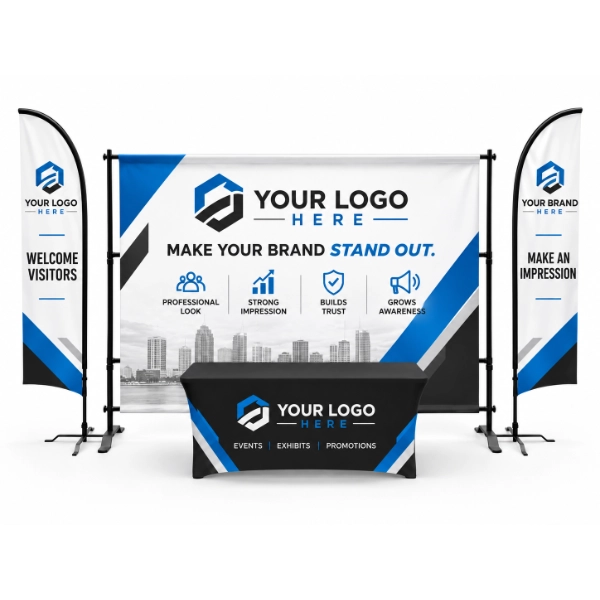 Trade show booth kit with a branded backdrop, two feather flags and a fitted table cover printed with your logo